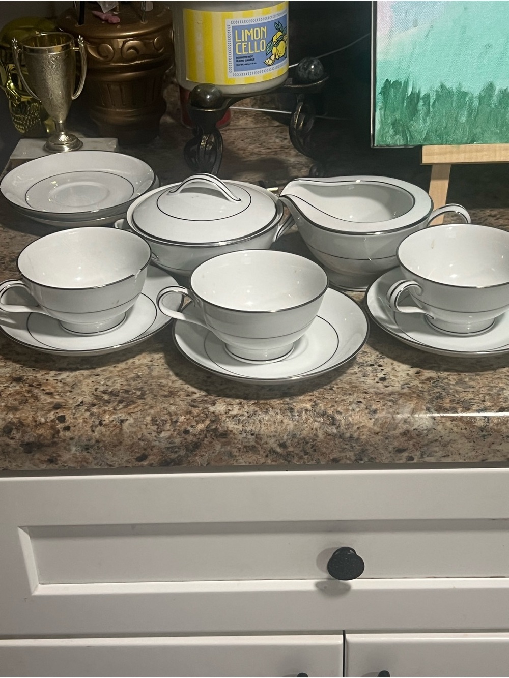 Noritake Elegant White Porcelain Tea Set with Silver Rim - Classic Home Dining